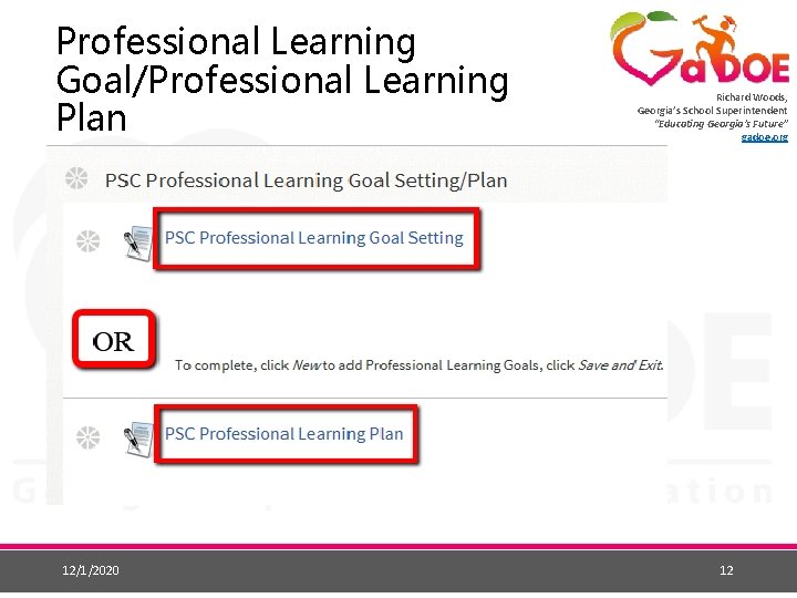 Professional Learning Goal/Professional Learning Plan 12/1/2020 Richard Woods, Georgia’s School Superintendent “Educating Georgia’s Future”