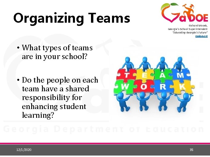 Organizing Teams Richard Woods, Georgia’s School Superintendent “Educating Georgia’s Future” gadoe. org • What