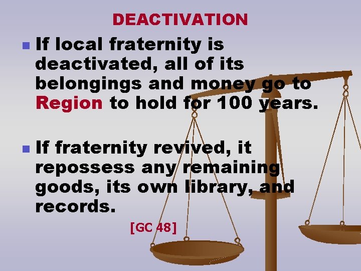 DEACTIVATION n n If local fraternity is deactivated, all of its belongings and money