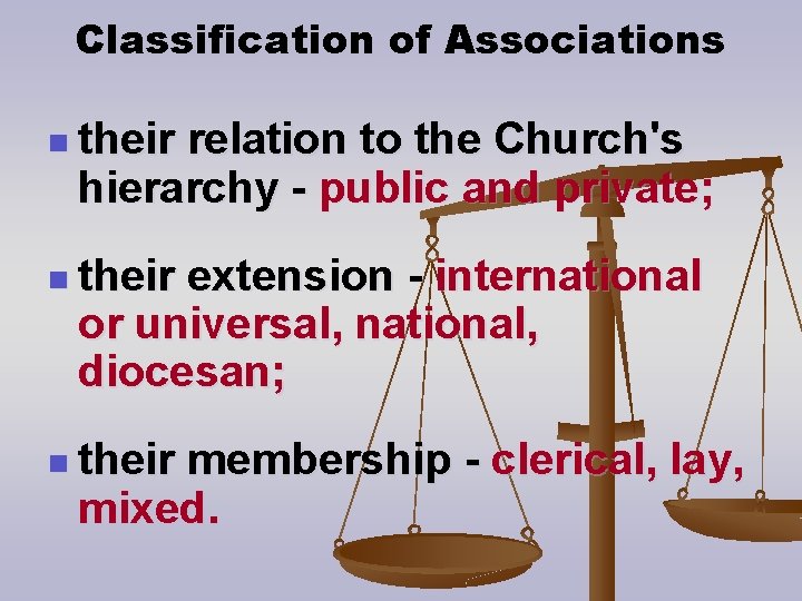 Classification of Associations n their relation to the Church's hierarchy - public and private;