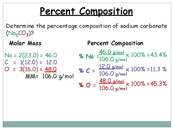 Percent Composition Determine the percentage composition of sodium carbonate (Na 2 CO 3)? Molar