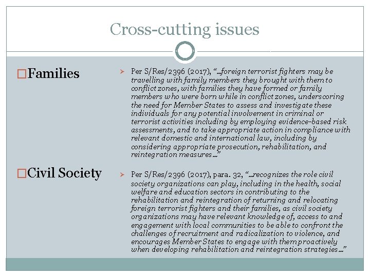 Cross-cutting issues �Families Ø Per S/Res/2396 (2017), “…foreign terrorist fighters may be �Civil Society