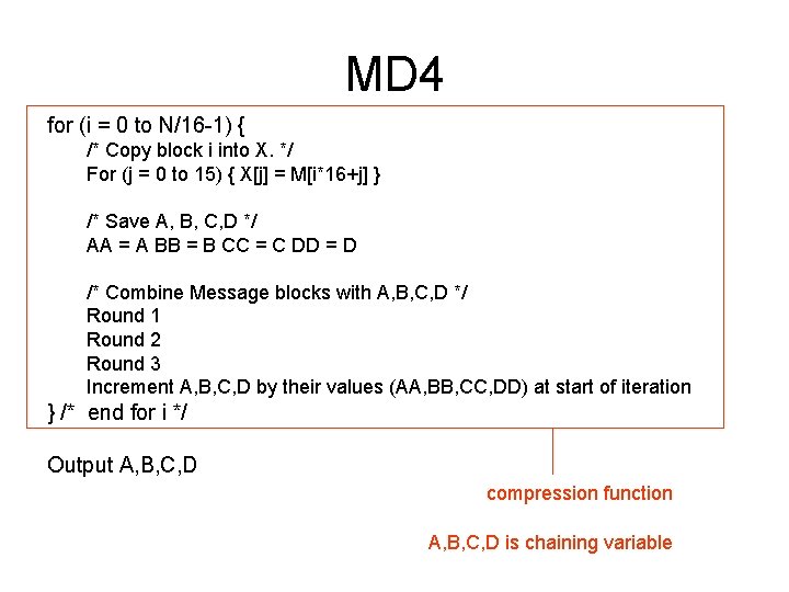 MD 4 for (i = 0 to N/16 -1) { /* Copy block i