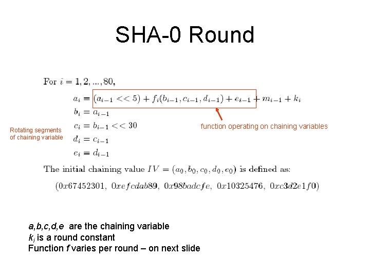SHA-0 Round Rotating segments of chaining variable a, b, c, d, e are the