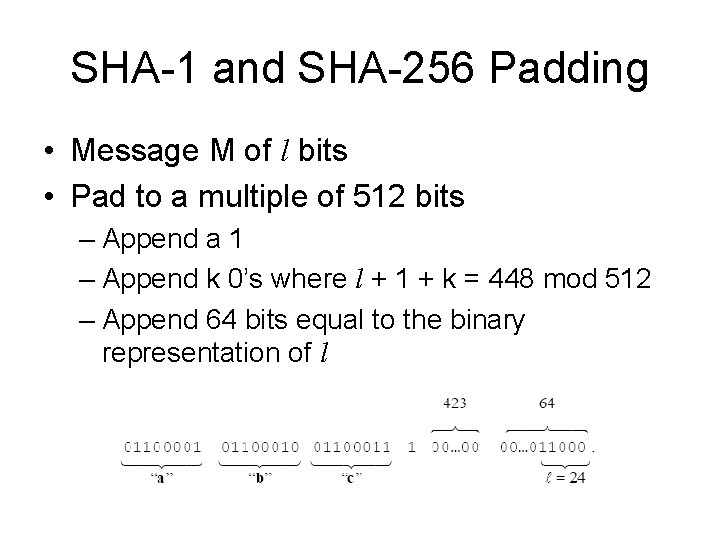 SHA-1 and SHA-256 Padding • Message M of l bits • Pad to a