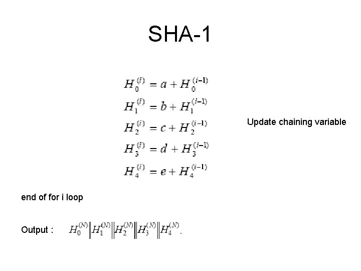 SHA-1 Update chaining variable end of for i loop Output : 