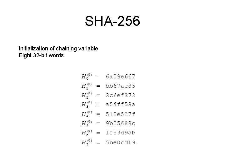 SHA-256 Initialization of chaining variable Eight 32 -bit words 