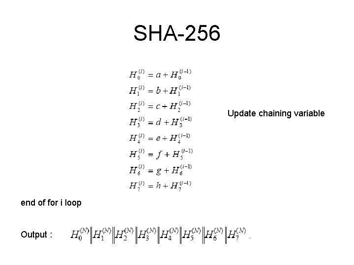 SHA-256 Update chaining variable end of for i loop Output : 