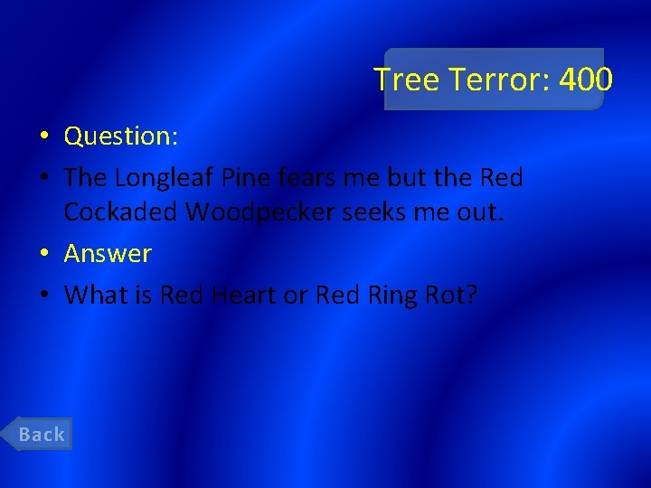 Tree Terror: 400 • Question: • The Longleaf Pine fears me but the Red