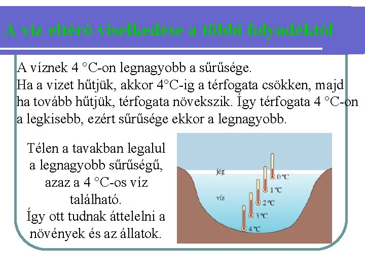 A víz eltérő viselkedése a többi folyadéktól A víznek 4 °C-on legnagyobb a sűrűsége.