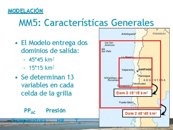 MODELACIÓN MM 5: Características Generales • El Modelo entrega dos dominios de salida: –