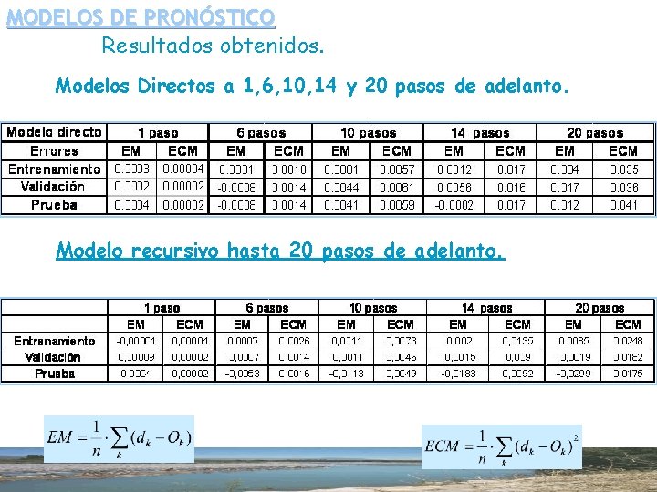 MODELOS DE PRONÓSTICO Resultados obtenidos. Modelos Directos a 1, 6, 10, 14 y 20