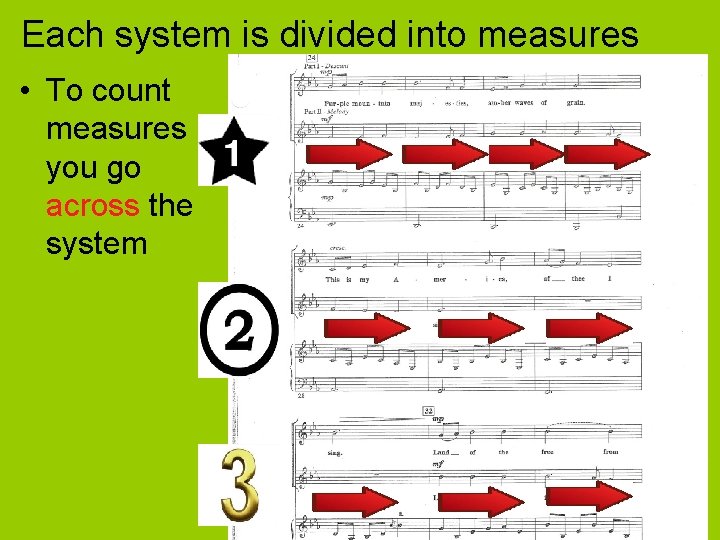 Each system is divided into measures • To count measures you go across the