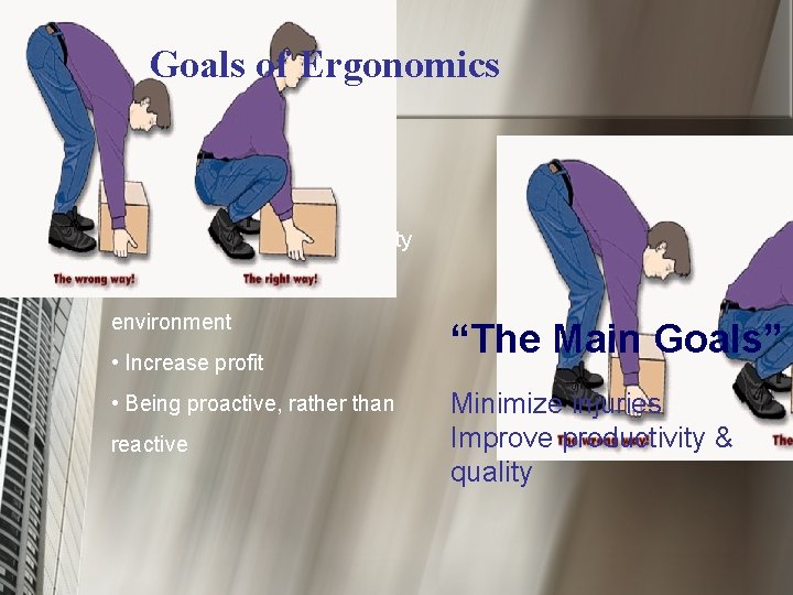 Goals of Ergonomics • Reduce the risk of injury, fatigue, & error • Improve