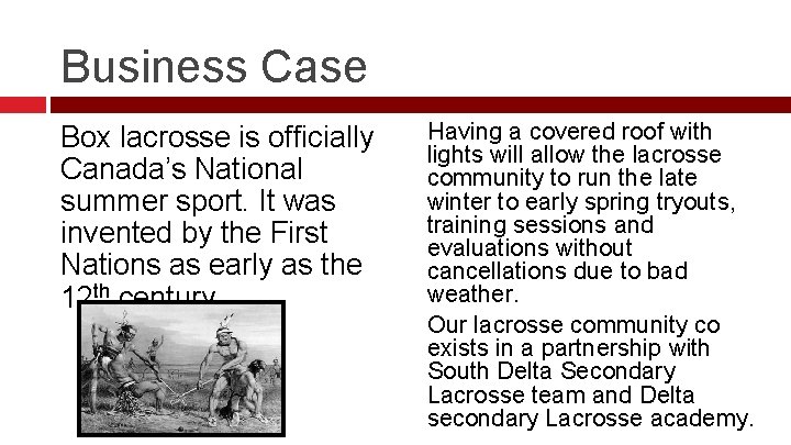 Business Case Box lacrosse is officially Canada’s National summer sport. It was invented by