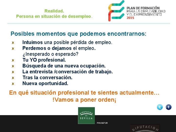  Realidad. Persona en situación de desempleo. Posibles momentos que podemos encontrarnos: Intuimos una