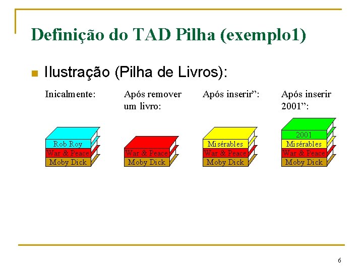 Definição do TAD Pilha (exemplo 1) n Ilustração (Pilha de Livros): Inicalmente: Rob Roy