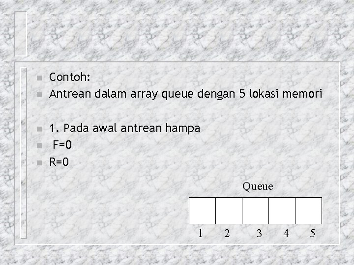 n n n Contoh: Antrean dalam array queue dengan 5 lokasi memori 1. Pada