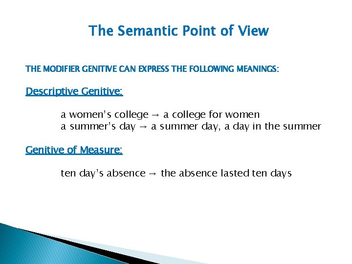 The Semantic Point of View THE MODIFIER GENITIVE CAN EXPRESS THE FOLLOWING MEANINGS: Descriptive