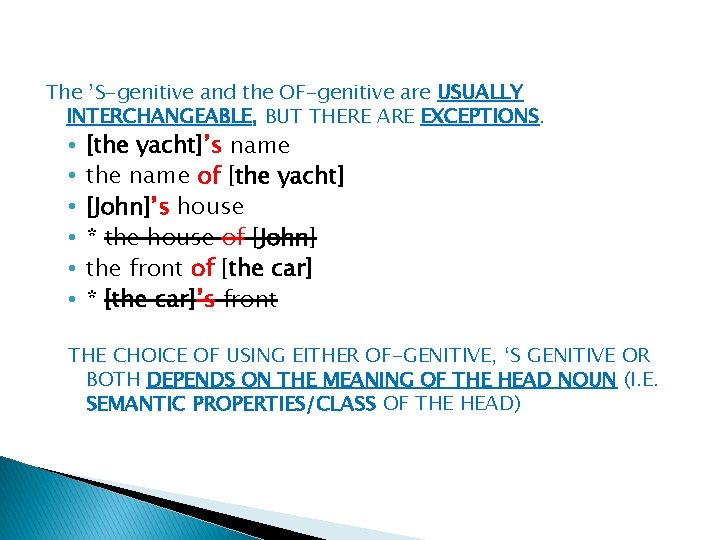 The ’S-genitive and the OF-genitive are USUALLY INTERCHANGEABLE, BUT THERE ARE EXCEPTIONS. • •
