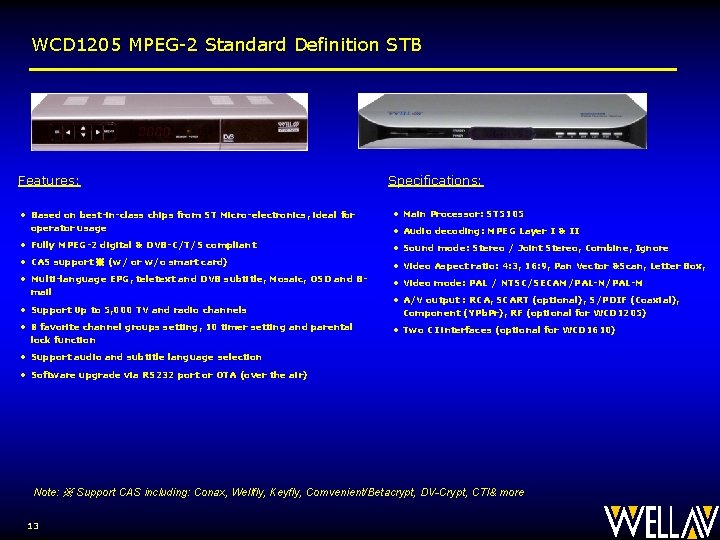 WCD 1205 MPEG-2 Standard Definition STB Features: • Based on best-in-class chips from ST