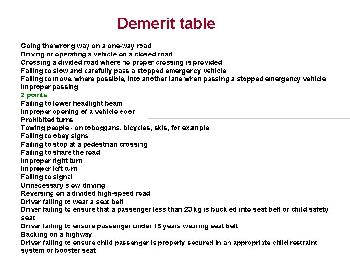 Demerit table Going the wrong way on a one-way road Driving or operating a