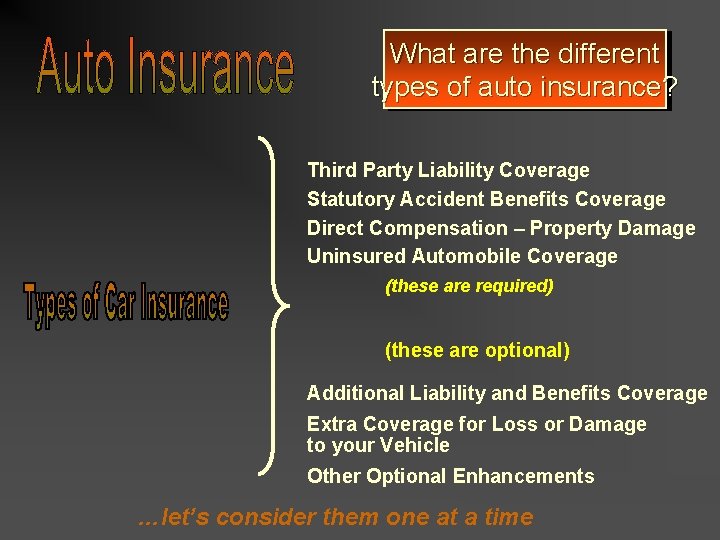 What are the different types of auto insurance? Third Party Liability Coverage Statutory Accident