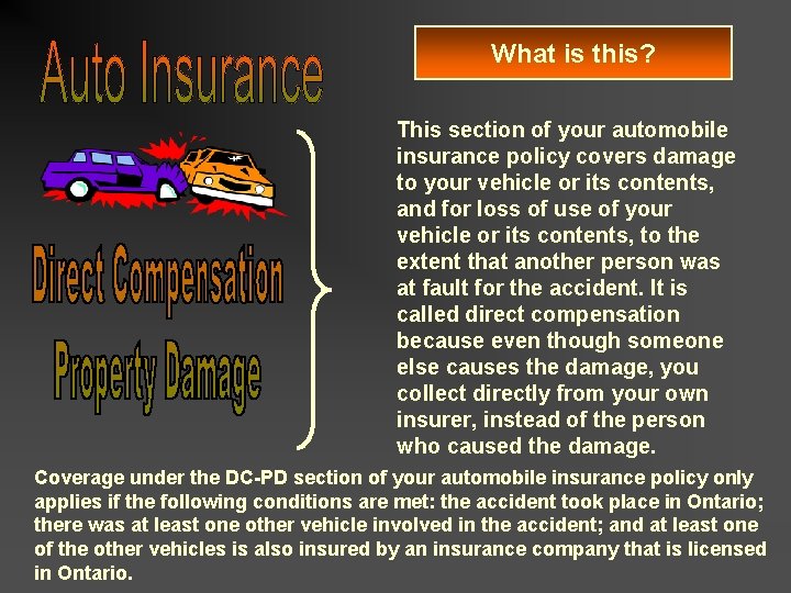 What is this? This section of your automobile insurance policy covers damage to your