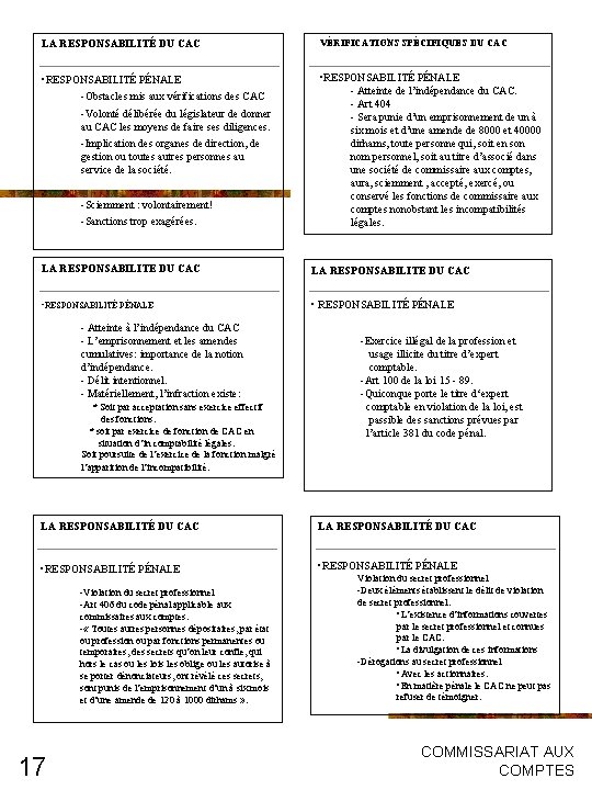 LA RESPONSABILITÉ DU CAC VÉRIFICATIONS SPÉCIFIQUES DU CAC • RESPONSABILITÉ PÉNALE -Obstacles mis aux