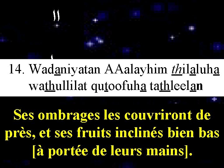  ﺍﺍ ﻭﺍ 14. Wadaniyatan AAalayhim thilaluha wathullilat qutoofuha tathleelan ﻳﺍ Ses ombrages les
