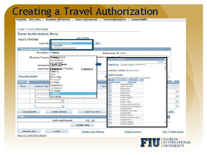 Creating a Travel Authorization Training Florida, Orlando 01/05/2015 