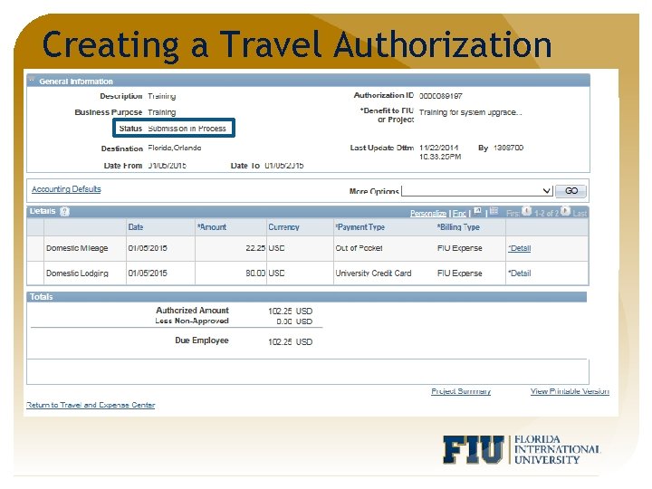 Creating a Travel Authorization 