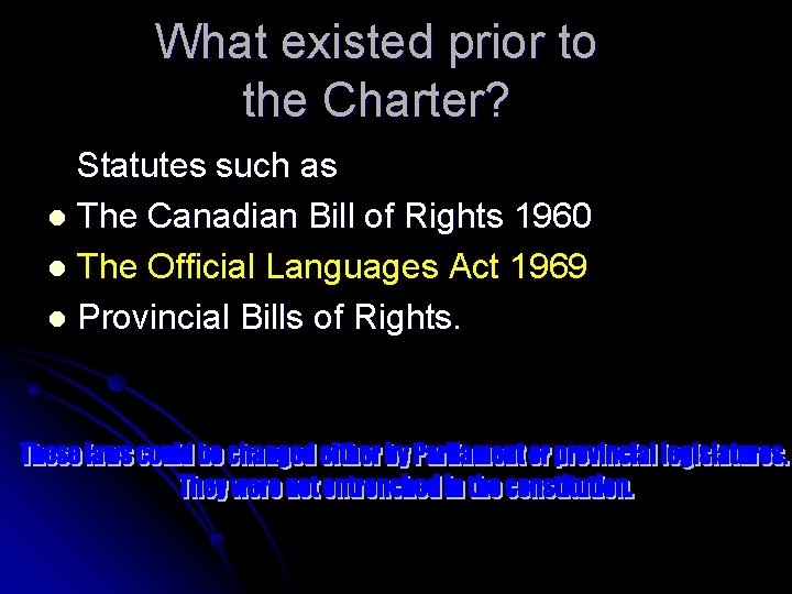 What existed prior to the Charter? Statutes such as l The Canadian Bill of