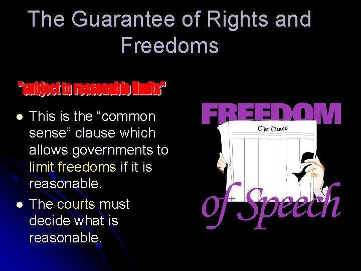 The Guarantee of Rights and Freedoms l l This is the “common sense” clause