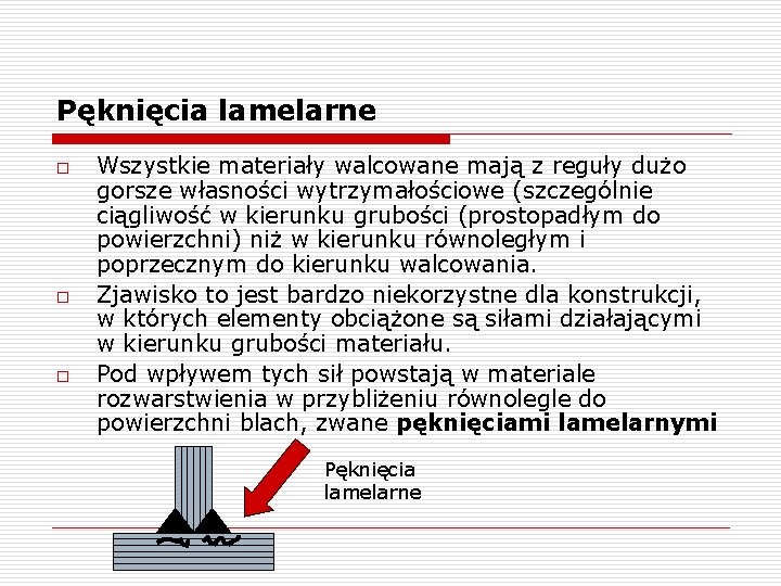 Pęknięcia lamelarne o o o Wszystkie materiały walcowane mają z reguły dużo gorsze własności