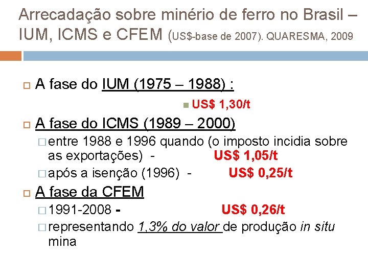 Arrecadação sobre minério de ferro no Brasil – IUM, ICMS e CFEM (US$-base de