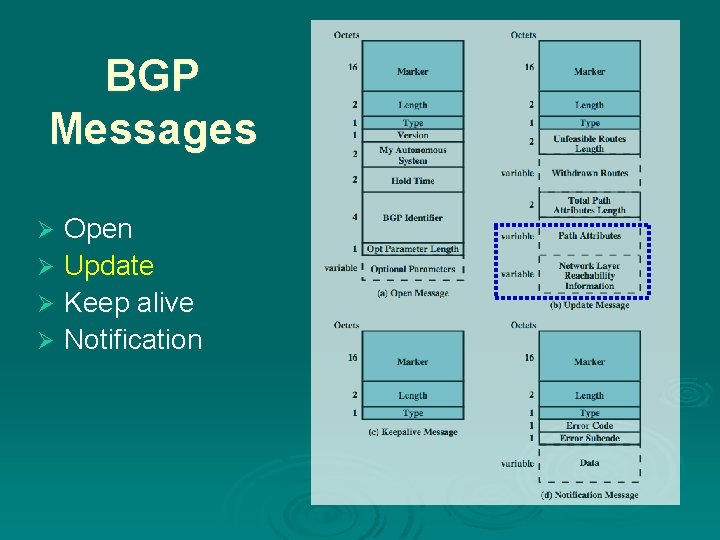 BGP Messages Open Ø Update Ø Keep alive Ø Notification Ø 
