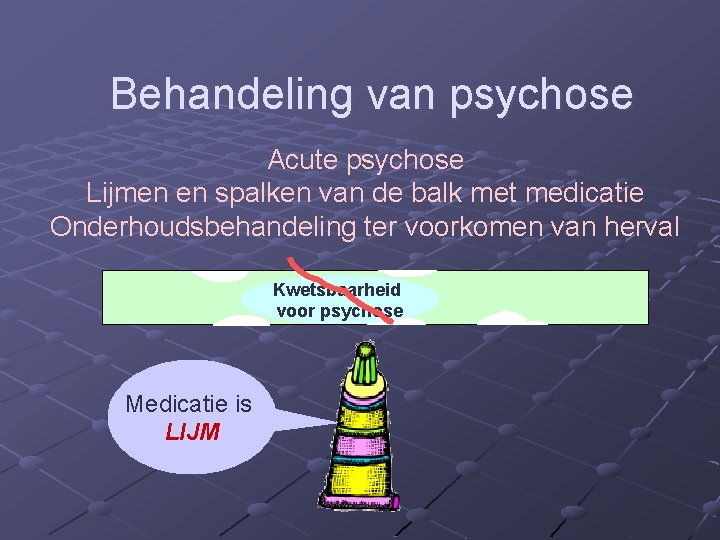 Behandeling van psychose Acute psychose Lijmen en spalken van de balk met medicatie Onderhoudsbehandeling