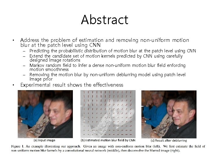 Abstract • Address the problem of estimation and removing non-uniform motion blur at the