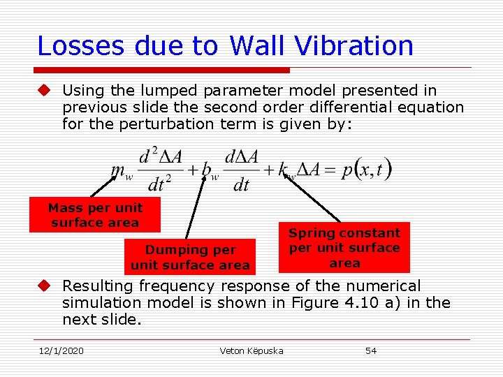 Losses due to Wall Vibration u Using the lumped parameter model presented in previous