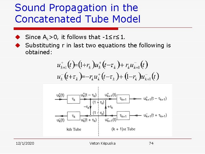 Sound Propagation in the Concatenated Tube Model u Since Ak>0, it follows that -1≤r≤