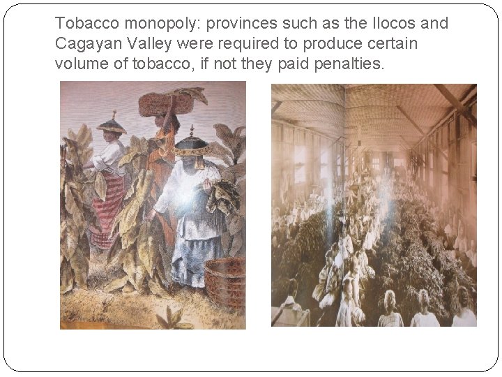 Tobacco monopoly: provinces such as the Ilocos and Cagayan Valley were required to produce Tobacco monopoly: provinces such as the Ilocos and Cagayan Valley were required to produce