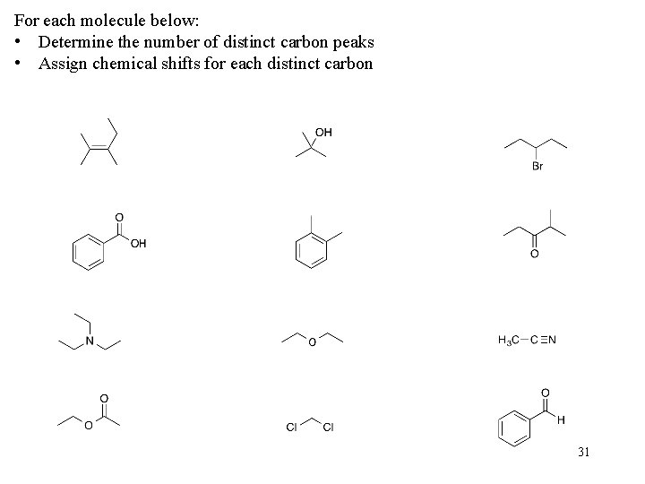 For each molecule below: • Determine the number of distinct carbon peaks • Assign