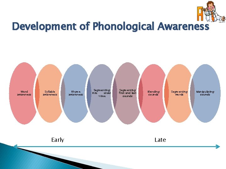 Development of Phonological Awareness Word awareness Syllable awareness Early Rhyme awareness Segmenting into onset