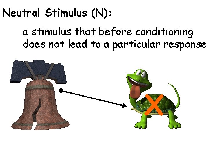 Neutral Stimulus (N): a stimulus that before conditioning does not lead to a particular