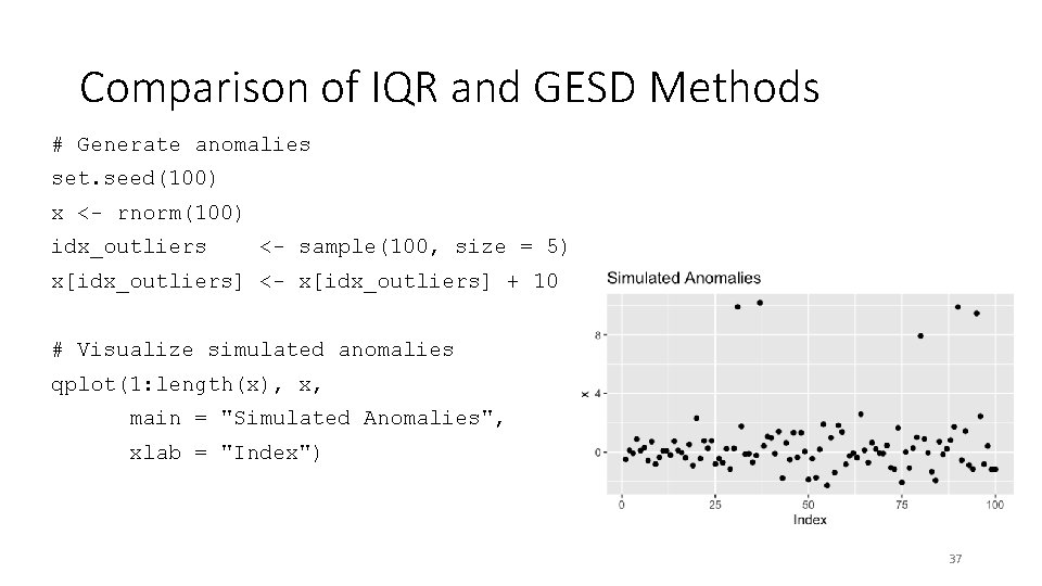 Comparison of IQR and GESD Methods # Generate anomalies set. seed(100) x <- rnorm(100)