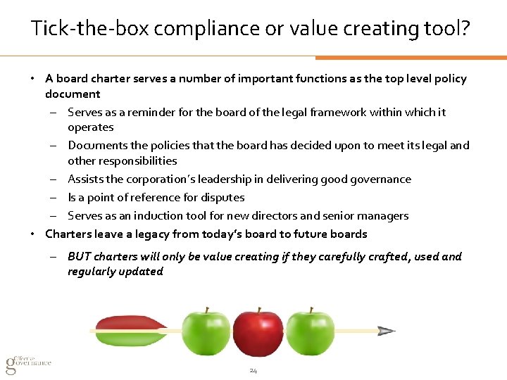 Tick-the-box compliance or value creating tool? • A board charter serves a number of