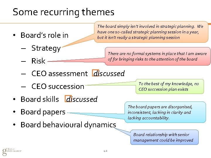 Some recurring themes • Board’s role in The board simply isn’t involved in strategic