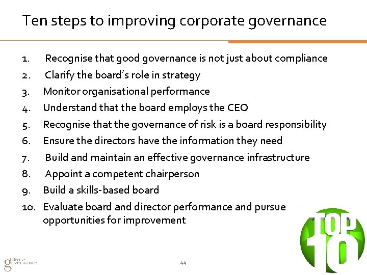 Ten steps to improving corporate governance 1. 2. 3. 4. 5. 6. 7. 8.