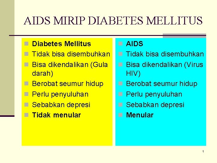 AIDS MIRIP DIABETES MELLITUS n Diabetes Mellitus n AIDS n Tidak bisa disembuhkan n